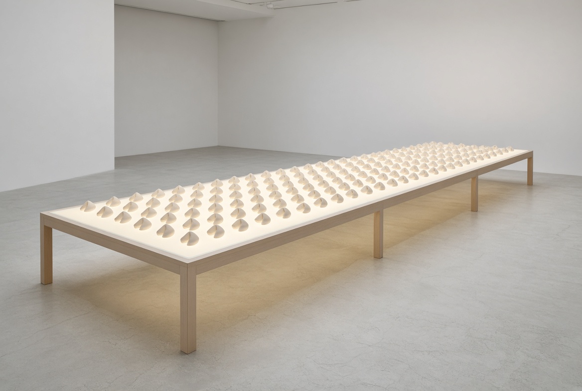 A long, waist-height pale table in a white gallery holds a precise grid of intact handmade porcelain fortune cookies, faintly lit from below.