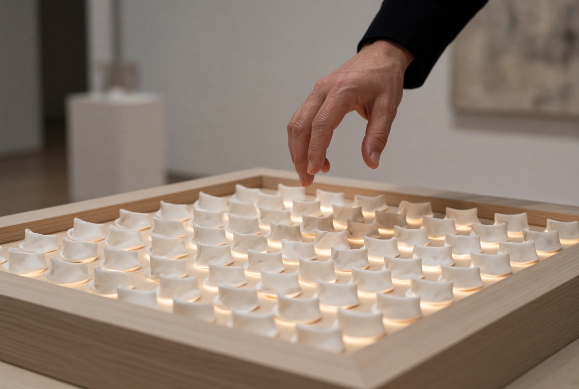A hand hesitates above a grid of illuminated porcelain cookies.