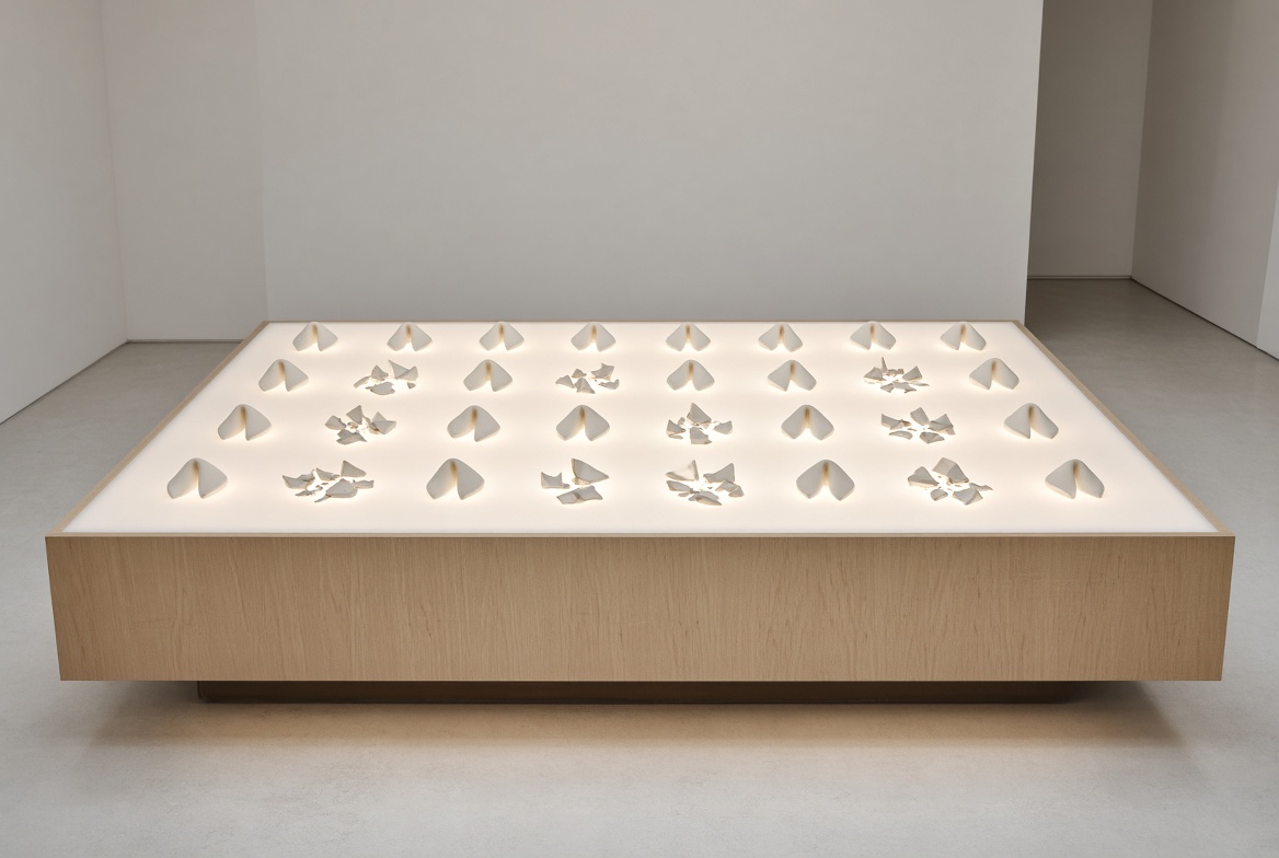 An illuminated table holding a mixed field of intact porcelain cookies and broken shards in a grid.