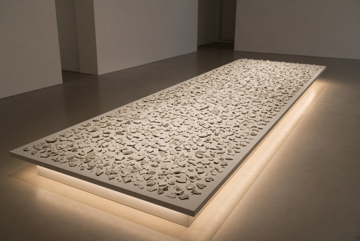 A long illuminated table covered with a field of broken porcelain fragments.
