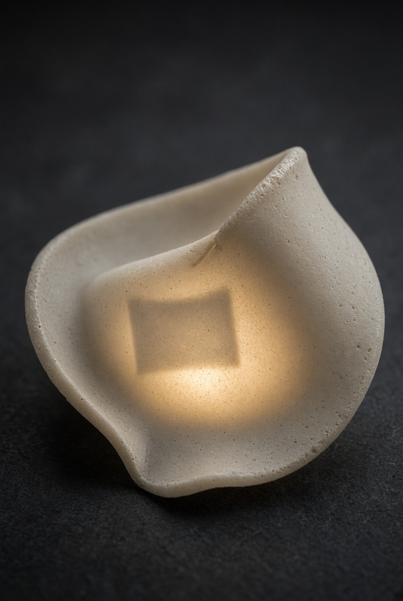A thin porcelain shell lit from within, a rectangular paper slip visible only as a shadow.