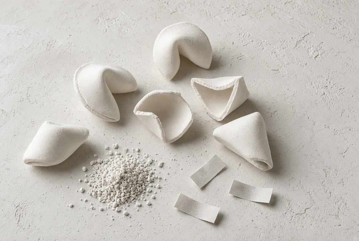Prototype porcelain cookies, a small pile of crushed porcelain grog, and blank paper slips on a plaster table.