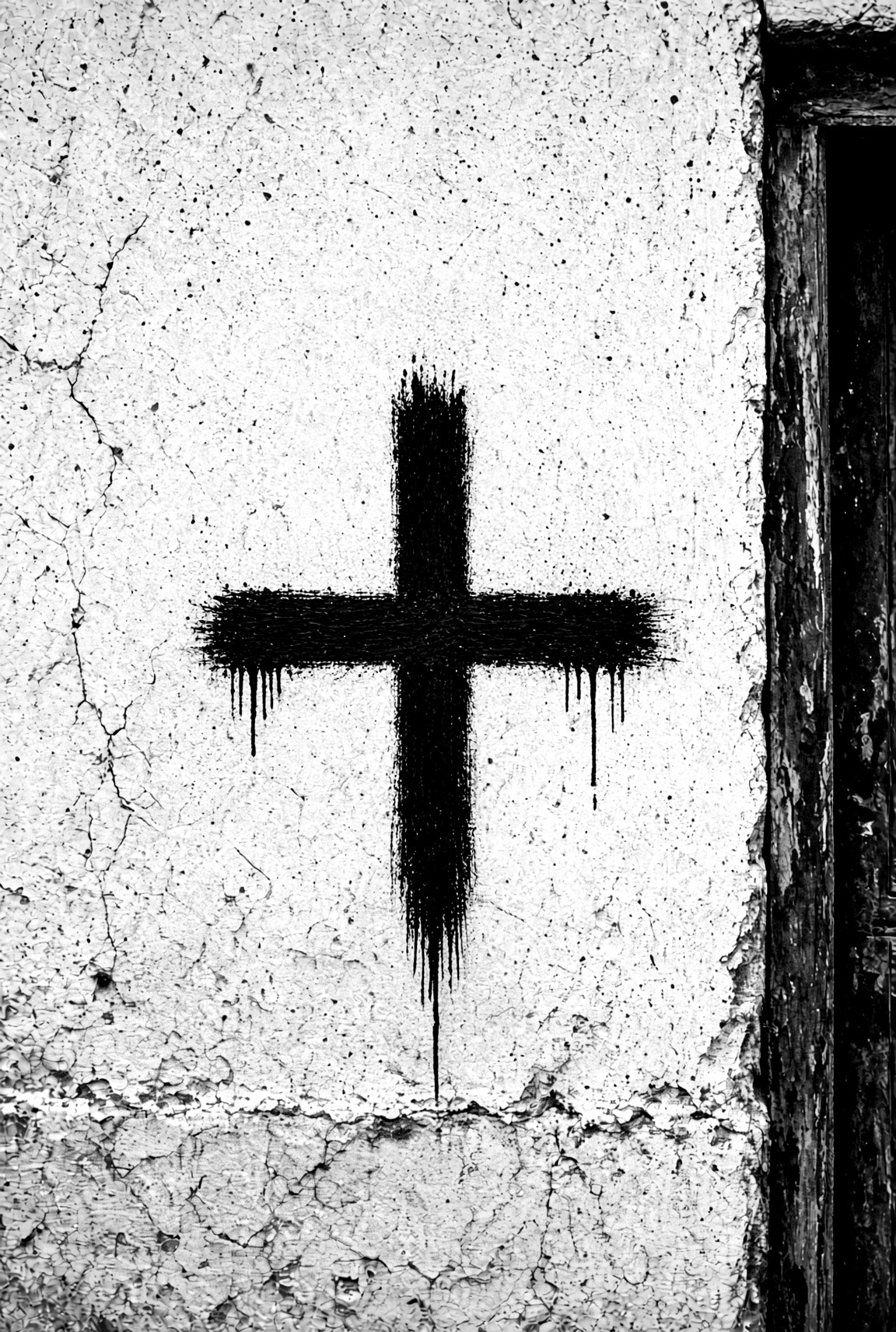 Painted plus mark on a plaster wall
